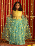 Vastramay Girls' Yellow Crop Top And Aqua Lehenga With Ruffled Dupatta Set